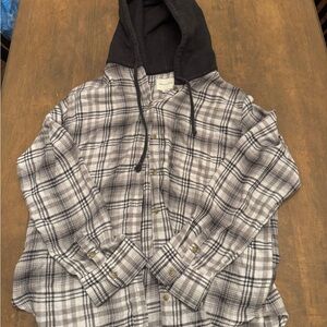American Eagle Outfitters Gray Plaid Shirt with Black Hood